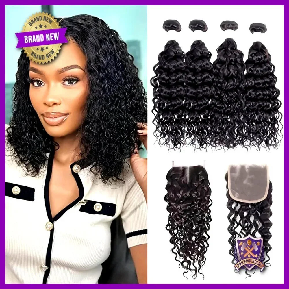Brazilian Human Hair Water Wave Bundles with 4x4 Lace Closure 50g